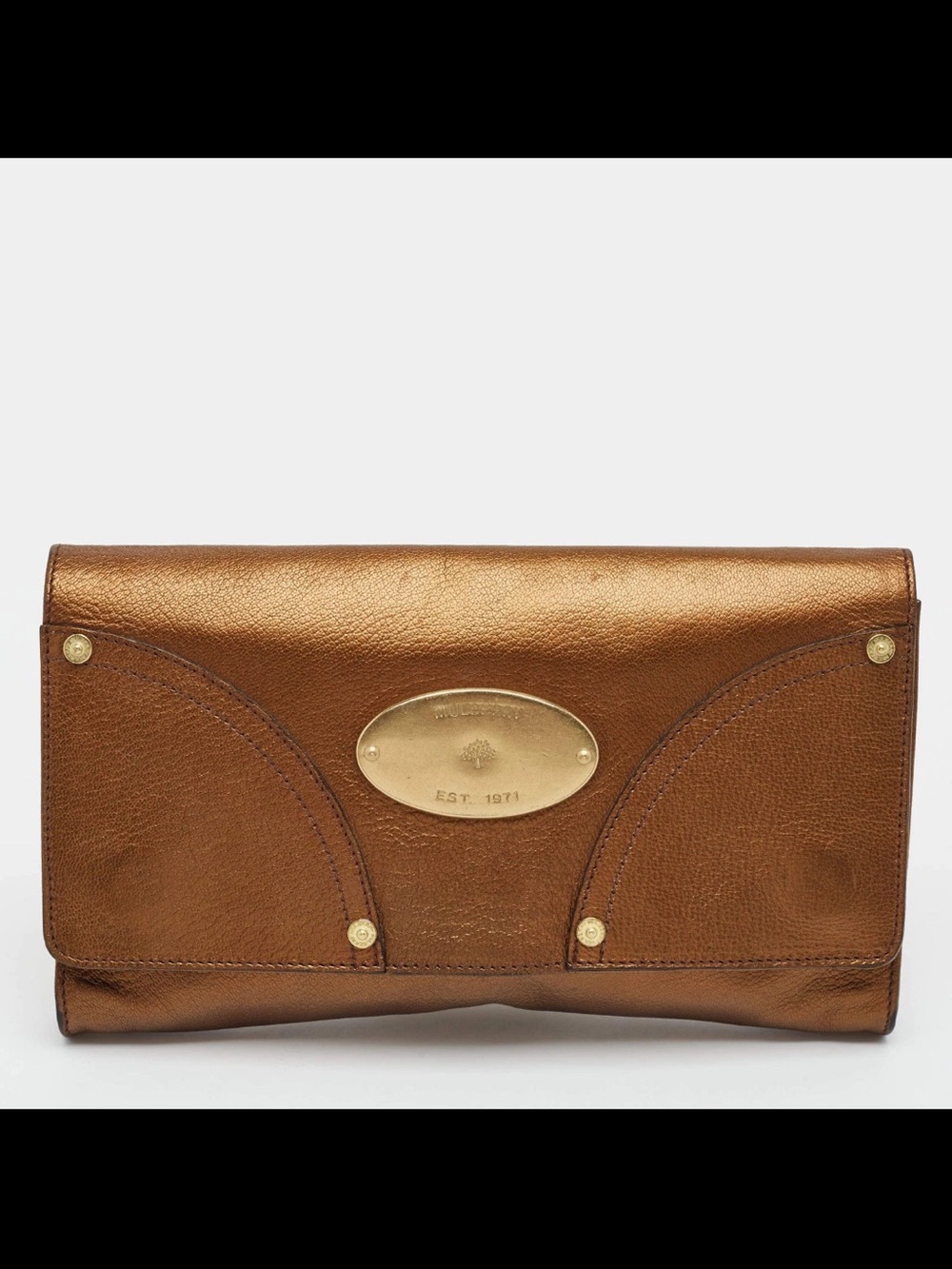 Mulberry Metallic Bronze Leather Fold-Over Clutch with Gold Plaque
